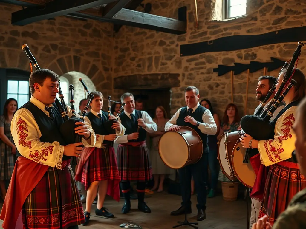 A dynamic image of a traditional Breton music performance held in a historic venue, highlighting the organization's dedication to preserving and promoting the region's cultural heritage.