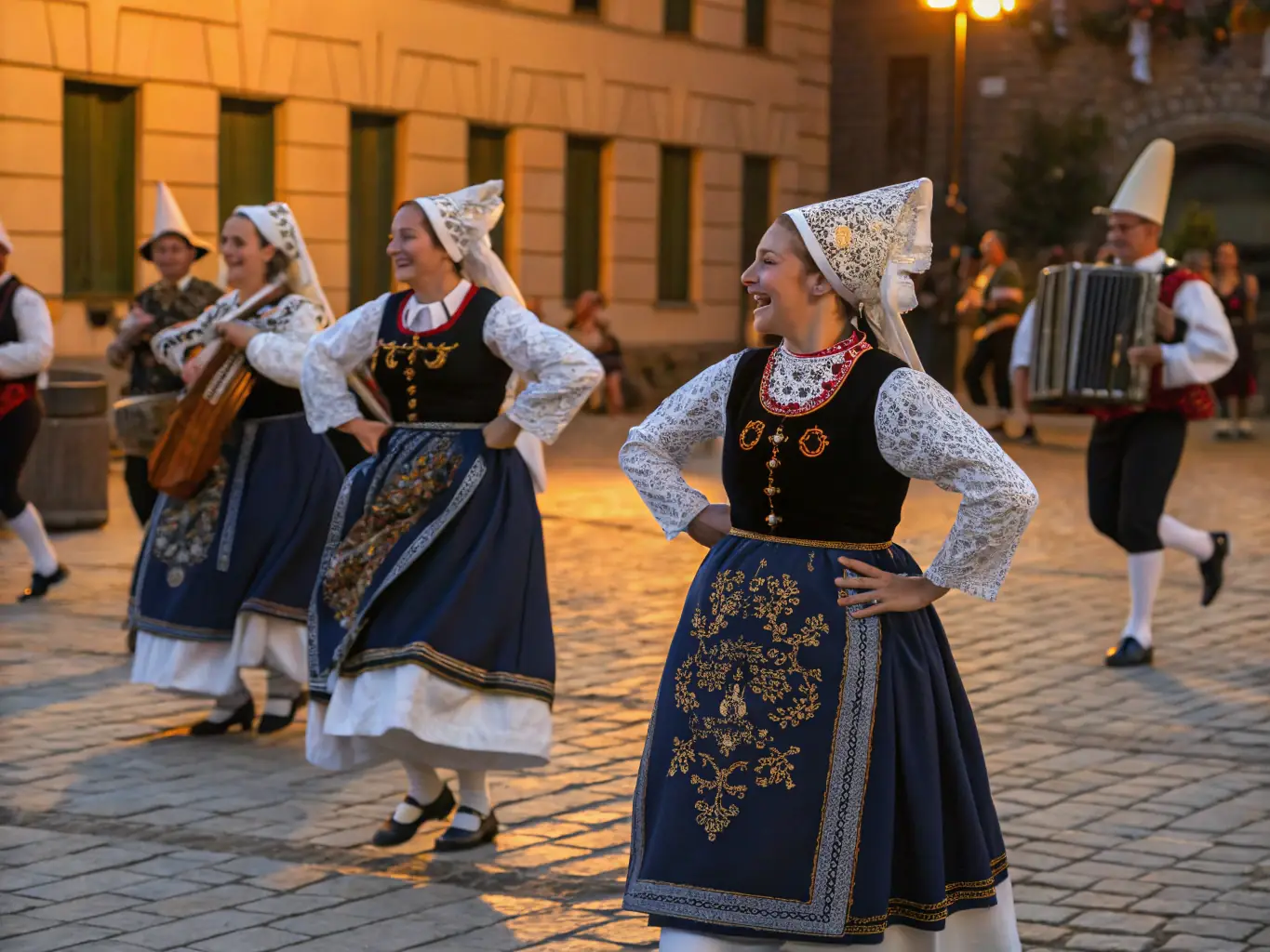 A vibrant photograph capturing a traditional Breton dance performance, with dancers in colorful costumes moving gracefully to live music. The backdrop features a quaint village square, highlighting the cultural richness of Central Brittany.