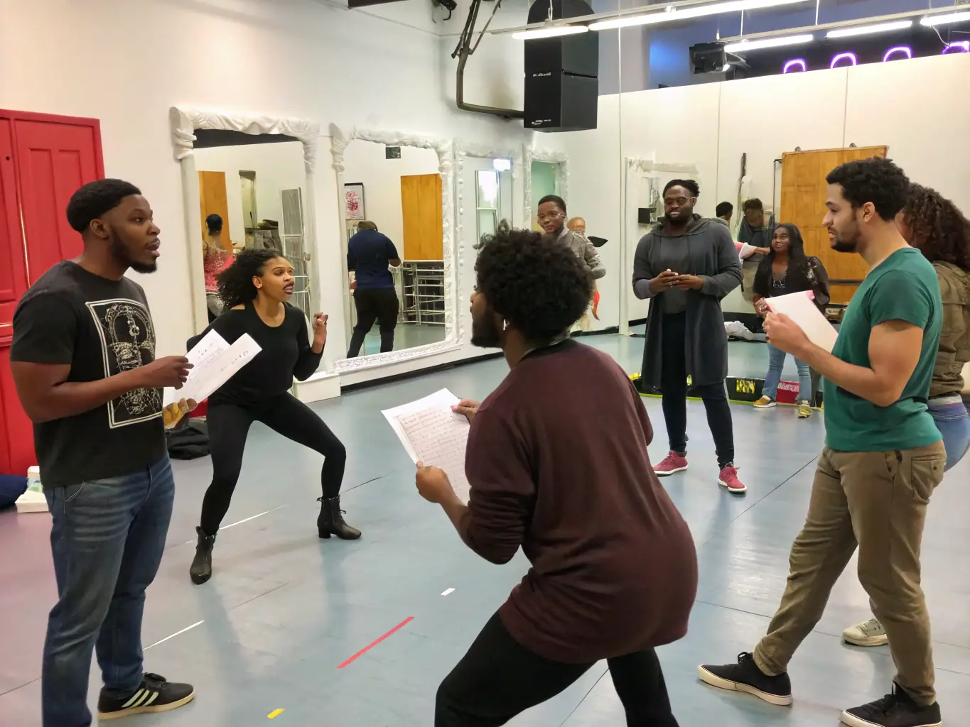 A dynamic image of a theatrical workshop in progress, with participants actively engaged in acting exercises and scene rehearsals. The setting is a rustic community hall, emphasizing the collaborative and inclusive nature of the program.
