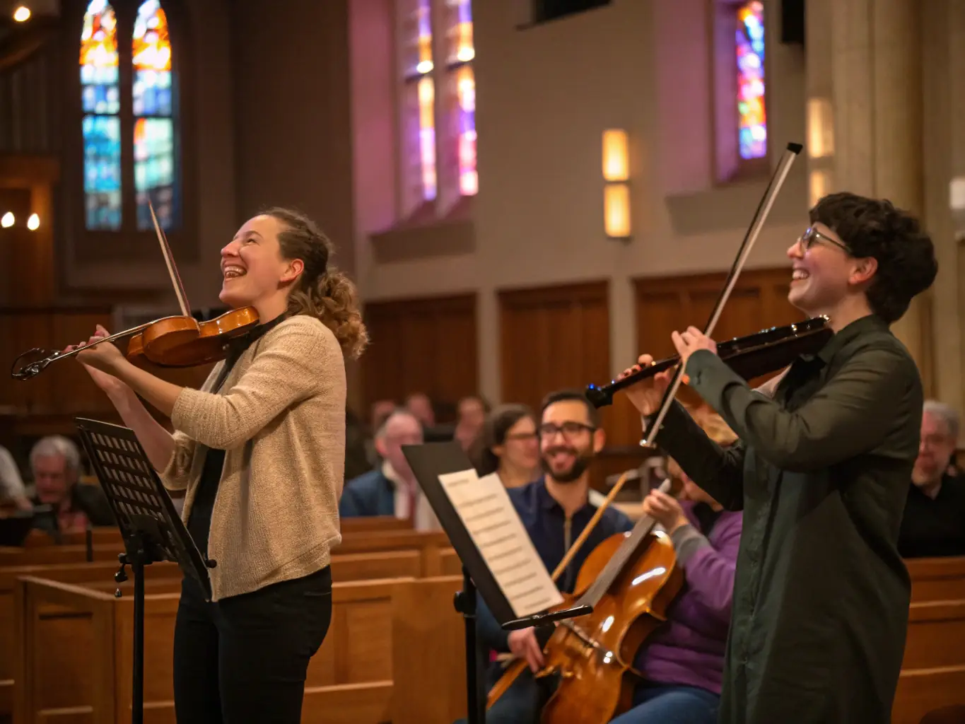 A captivating shot of a live music concert featuring local Breton musicians, with the audience enthusiastically clapping and cheering. The stage is adorned with traditional decorations, creating a festive and immersive atmosphere.