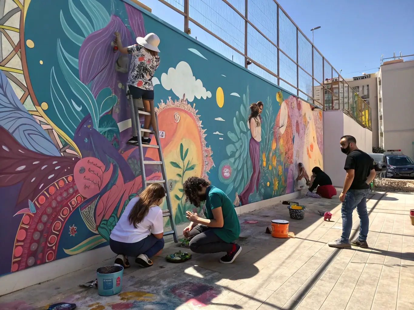 A group of local artists collaborating on a community mural project, reflecting the spirit and identity of Central Brittany.