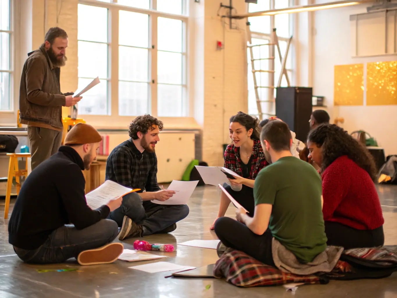 A vibrant photograph capturing a community theater workshop in Mellionnec, with participants actively engaged in a scene rehearsal, showcasing the organization's commitment to local artistic development.